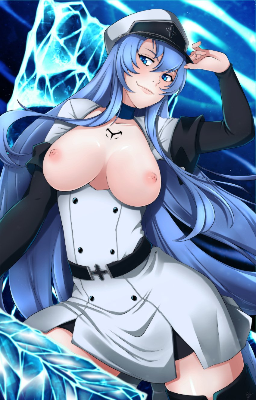 2022 2d adult adult_female akame_ga_kill! alternate_version_available big_breasts blue_eyes blue_hair blush breasts breasts_out chest_tattoo choker cryokinesis dominant_female esdeath_(akame_ga_kill!) female female_only flashing flashing_breasts general hat human human_female human_only ice large_breasts light-skinned_female light_skin lindaroze long_hair looking_at_viewer military_uniform mostly_clothed nipples no_bra no_sex pale-skinned_female pale_skin partially_nude powers realistic_breast_size realistic_proportions smile smiling_at_viewer solo solo_female standing straight_hair tattoo thick_thighs thighhighs thighs uniform very_long_hair villain villainess young_woman