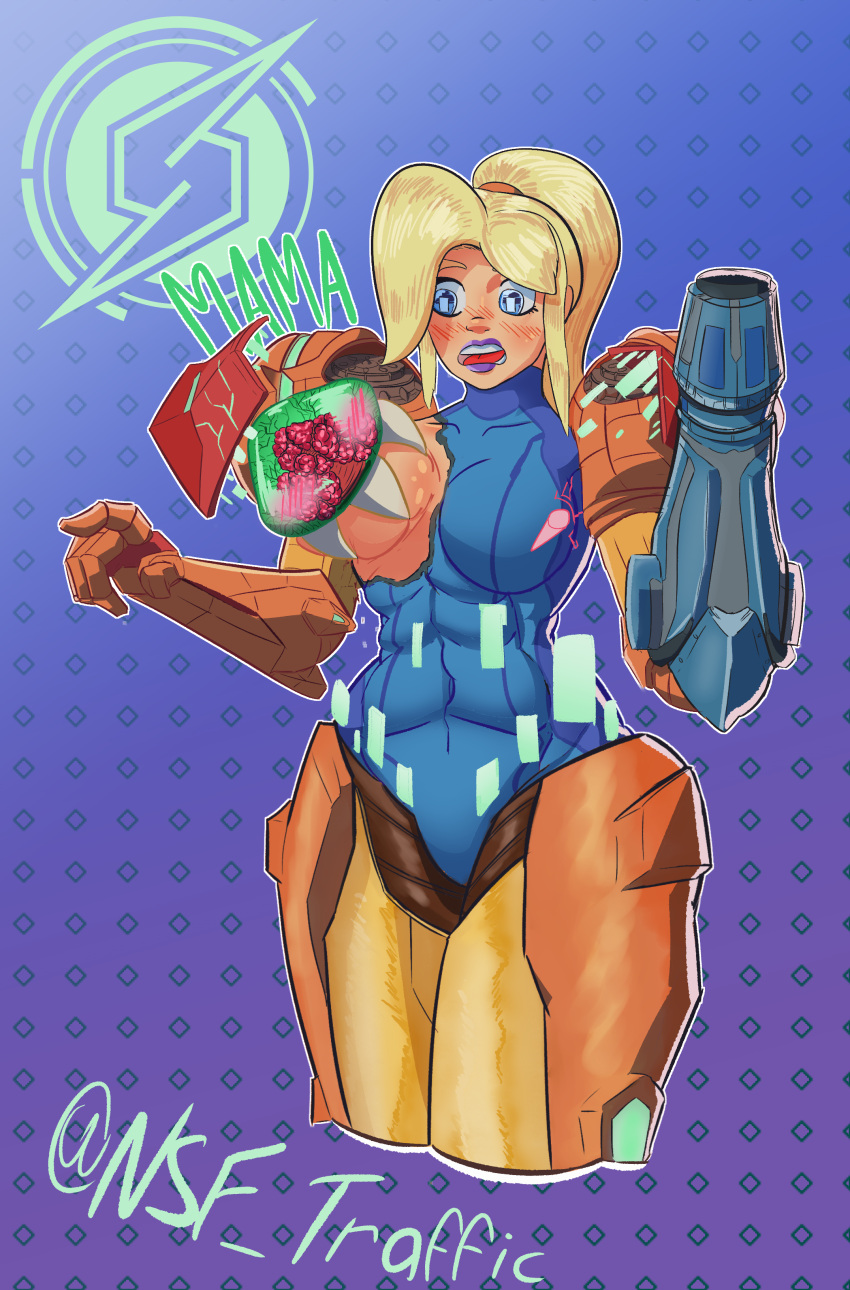 1girls alien arm_cannon armor armored_samus armour assertive_male big_breasts blonde_hair blue_eyes blushing_profusely book breast_grab breasts breasts_out broken_armor color deep_blush female fit_female funny heroine humor metroid milf monster mother muscular muscular_female nintendo nsft power_suit purple_lips ripped_clothing samus_aran simple_background square_pupils sucking_nipples suit suprised suprised_look tight_clothing unhappy_female varia_suit yellow_hair