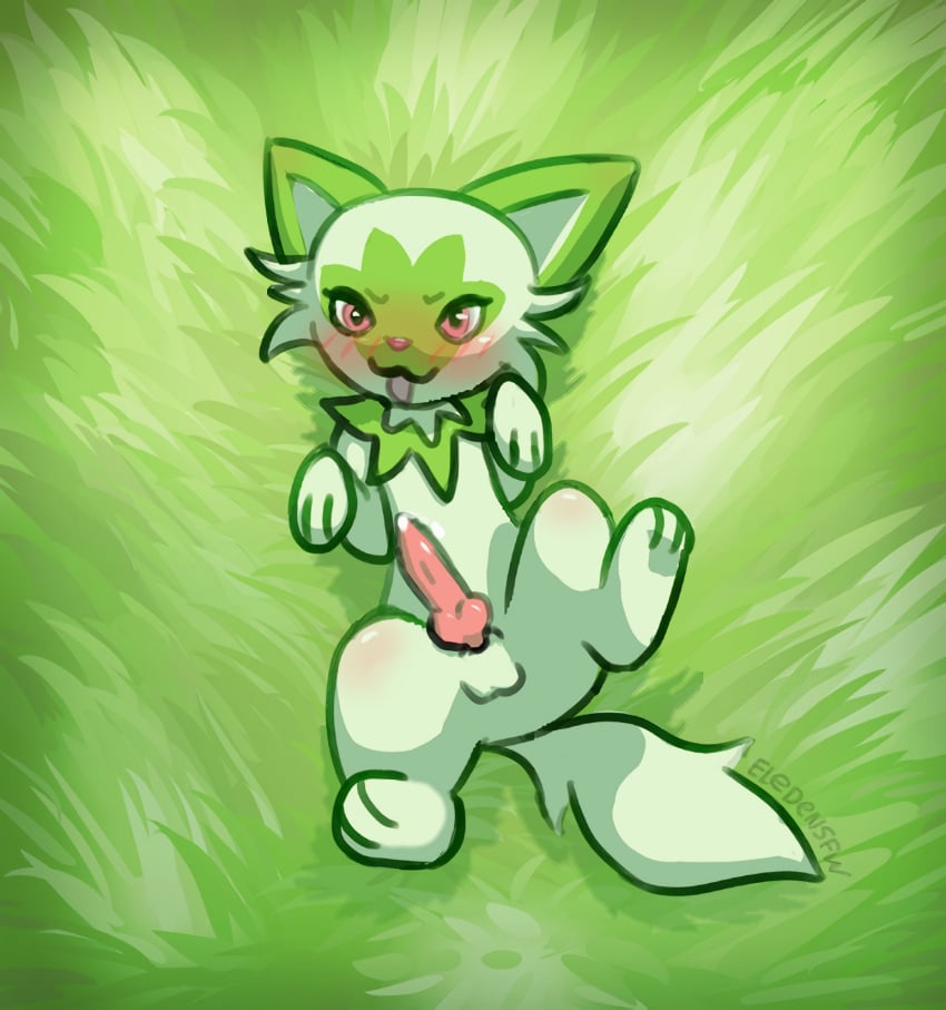 2022 animal_genitalia animal_penis balls blush bodily_fluids canine_penis cum eledensfw erection feral fur furry furry_only game_freak genital_fluids genitals green_body green_fur green_theme hi_res knot leaking_cum looking_at_viewer lying male male_only naked nintendo nude on_back on_grass penis pink_eyes pokémon_(species) pokemon pokemon_sv smile solo spread_legs spreading sprigatito tail tongue tongue_out video_games