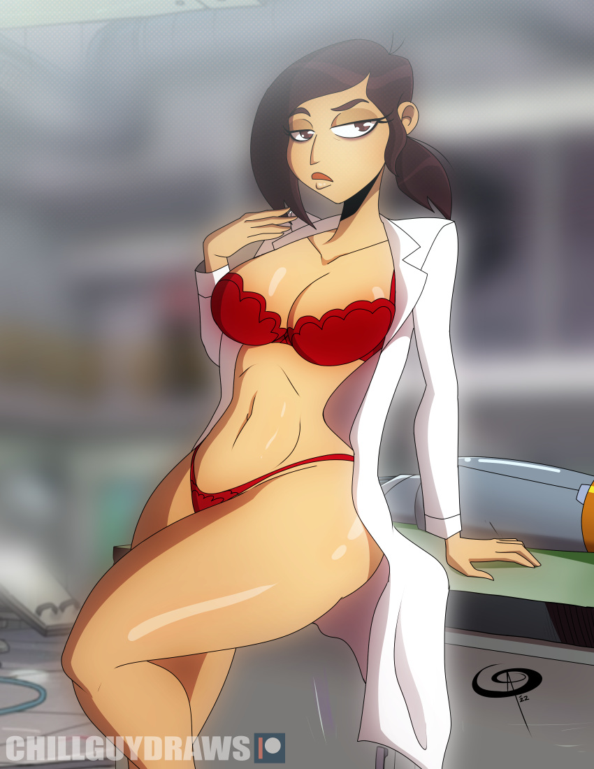 1girls bra dark-skinned_female female female_only frostbiteboi inside_job labcoat panties ponytail reagan_ridley scientist solo solo_female tanned_female