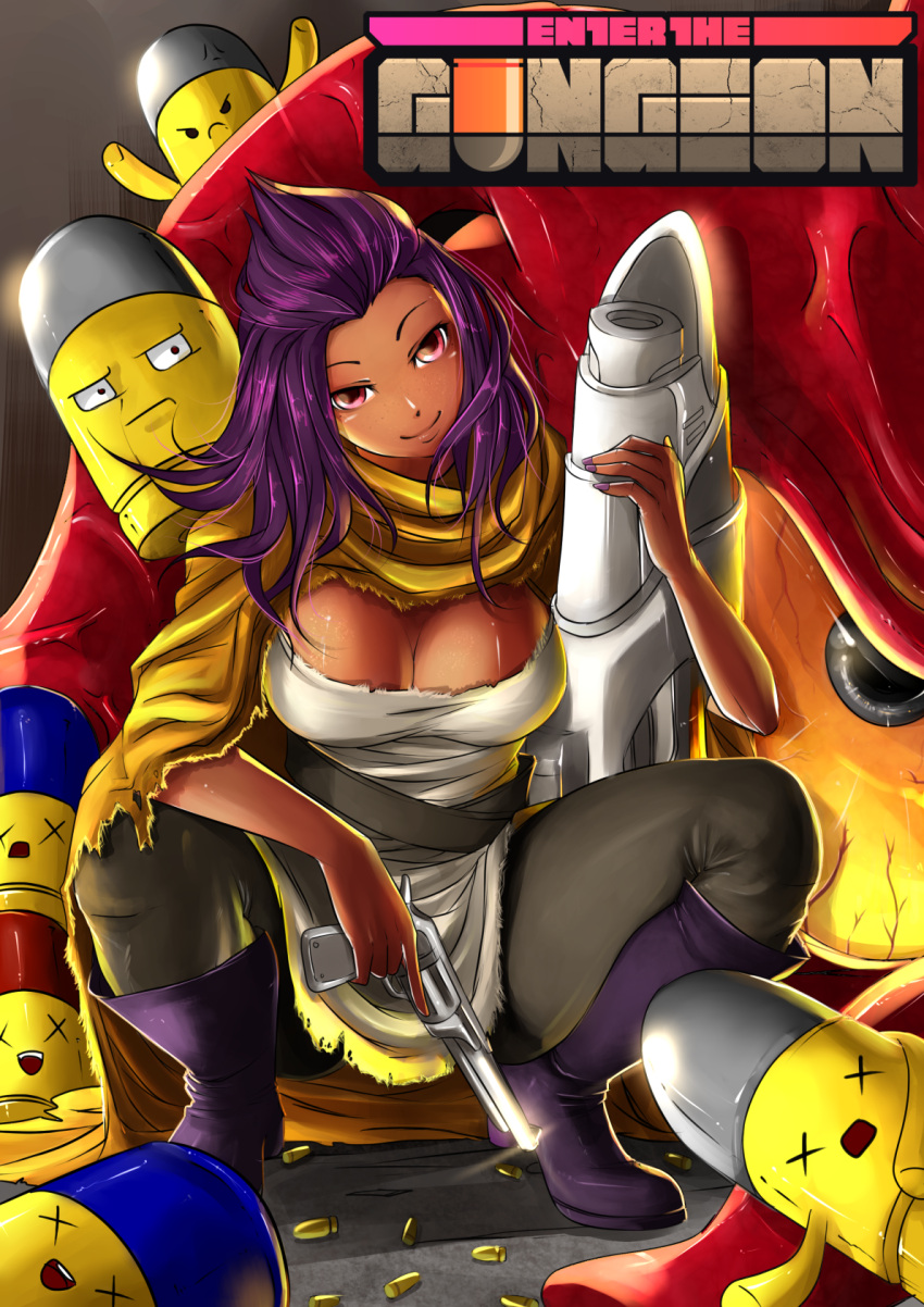 akira-toshine beholster_(enter_the_gungeon) breasts bullet_kin cleavage cloak dark-skinned_female dark_skin enter_the_gungeon gun holding_gun pants purple_boots purple_hair revolver rifle squatting tagme the_hunter_(enter_the_gungeon)