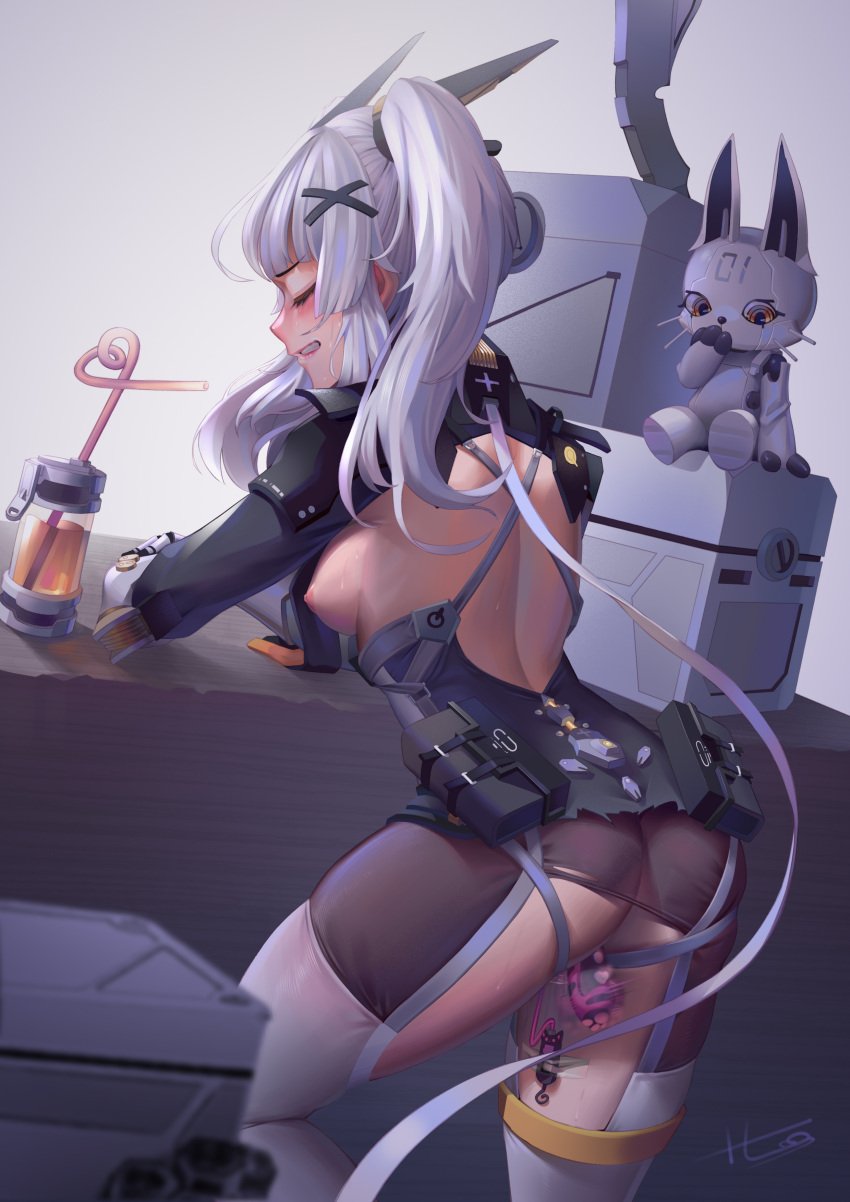 17yunzi 1girls absurdres armor armored_dress ass back blush breasts breasts_out clenched_teeth closed_eyes cowboy_shot dress drink female female_only from_behind h.an_(516635864) highres leaning_on_table legs lips long_hair looking_at_viewer looking_back medium_breasts nipples pantyhose punishing:_gray_raven sex_toy sideboob silly_straw silver_hair solo_female sweat teeth thighhighs torn_clothes twintails vibrator