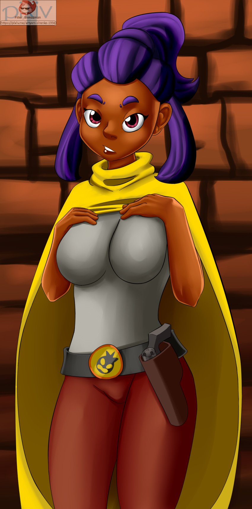 belt belt_buckle cloak dark-skinned_female dark_skin enter_the_gungeon filler_shmazman grey_shirt gun hands_on_breasts holster pants purple_eyes purple_hair shirt standing tagme the_hunter_(enter_the_gungeon)