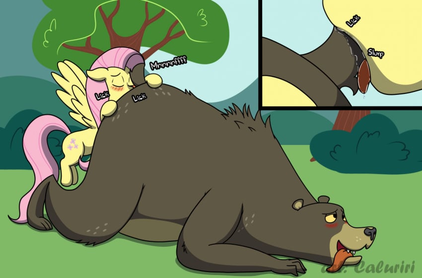 anal bear blush brown_body brown_fur caluriri closed_eyes cutie_mark duo equid equine female feral fluttershy_(mlp) friendship_is_magic fur hair harry_(mlp) harry_the_bear_(mlp) hasbro horse male male/female mammal my_little_pony oral pegasus pink_hair pink_tail plant rimming scut_tail sex short_tail signature sound_effects tail_fellatio tail_suck teeth tongue tongue_out tree ursid wings zoophilia