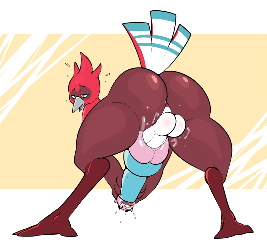 anthro ass avian avio_(avioylin) backsack balls big_butt bodily_fluids digitigrade eroborus feathers genital_fluids genitals hi_res humanoid_genitalia humor looking_pleasured lube male open_mouth penetrable_sex_toy precum raised_tail rear_view roz sex_toy simple_background solo spread_legs spreading sweat tail_feathers thick_thighs thrusting