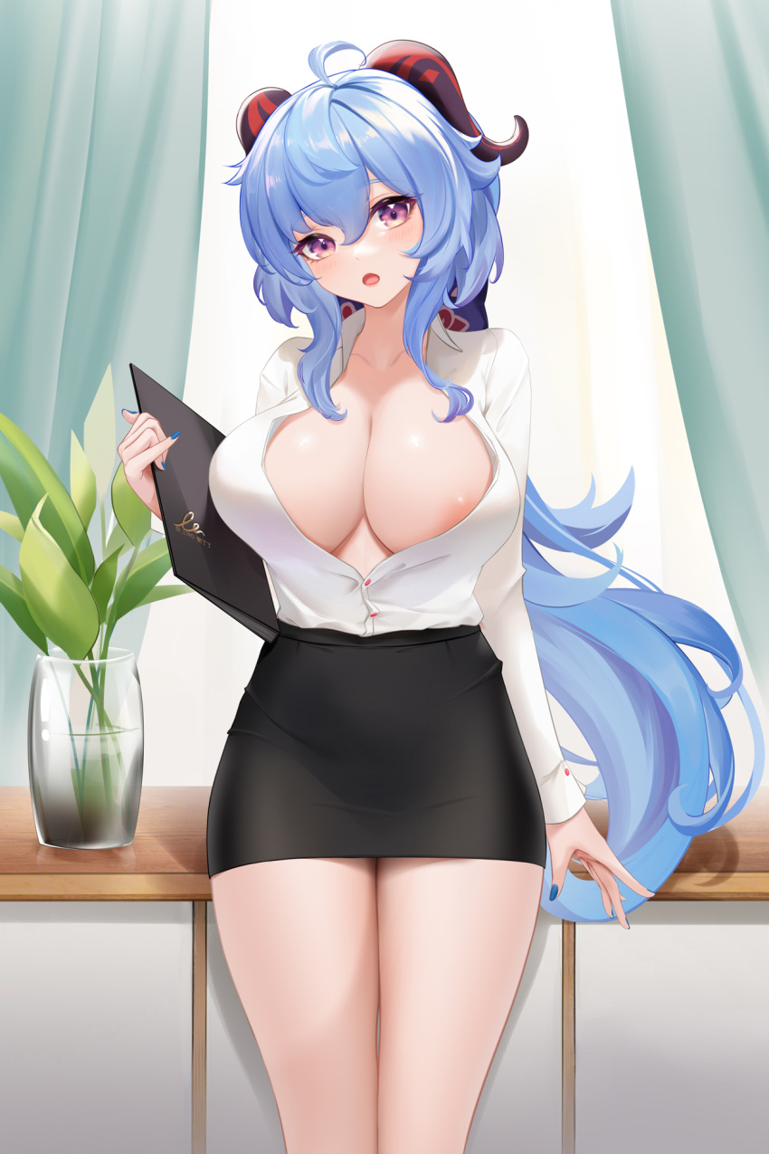 1girls 2022 ahoge alternate_version_available areola_slip areolae arm_at_side bangs black_skirt blue_hair blue_nails blush breasts cleavage cowboy_shot female female_focus female_only ganyu_(genshin_impact) genshin_impact goat_horns hair_between_eyes hand_up highres holding horns indoors large_breasts liao_(artist) liu_liaoliao long_hair long_sleeves looking_at_viewer nail_polish open_mouth pencil_skirt plant potted_plant purple_eyes shirt signature skirt solo solo_female standing twitter_username very_long_hair white_shirt