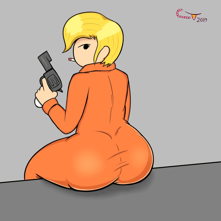 big_ass blonde_hair candy_tooth cigarette cigarette_in_mouth clothing enter_the_gungeon female firearm gun handgun holding_gun jumpsuit light_skin mob_face orange_jumpsuit revolver sitting tagme the_convict_(enter_the_gungeon) weapon