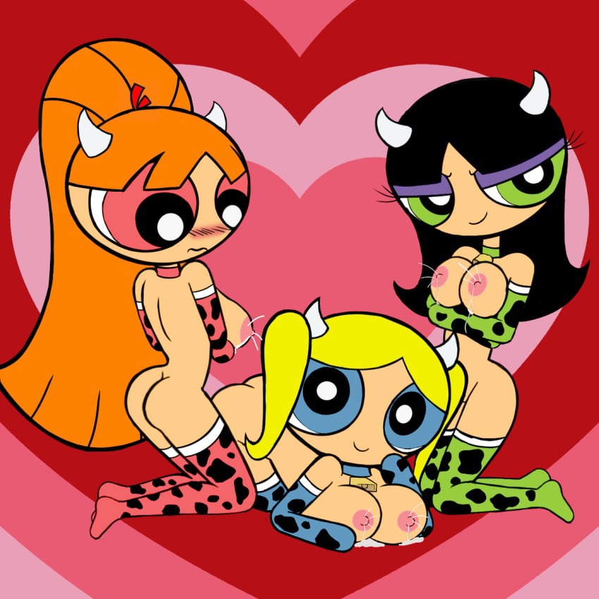 3girls abstract_background black_hair blonde_hair blossom_(powerpuff_girls) blue_eyes bubbles_(powerpuff_girls) buttercup_(powerpuff_girls) cartoon_network color cow_girl cow_horns cow_print edit embarrassed female_only green_eyes lactation looking_at_viewer pink_eyes powerpuff_girls red_hair seductive_look silvercoconut