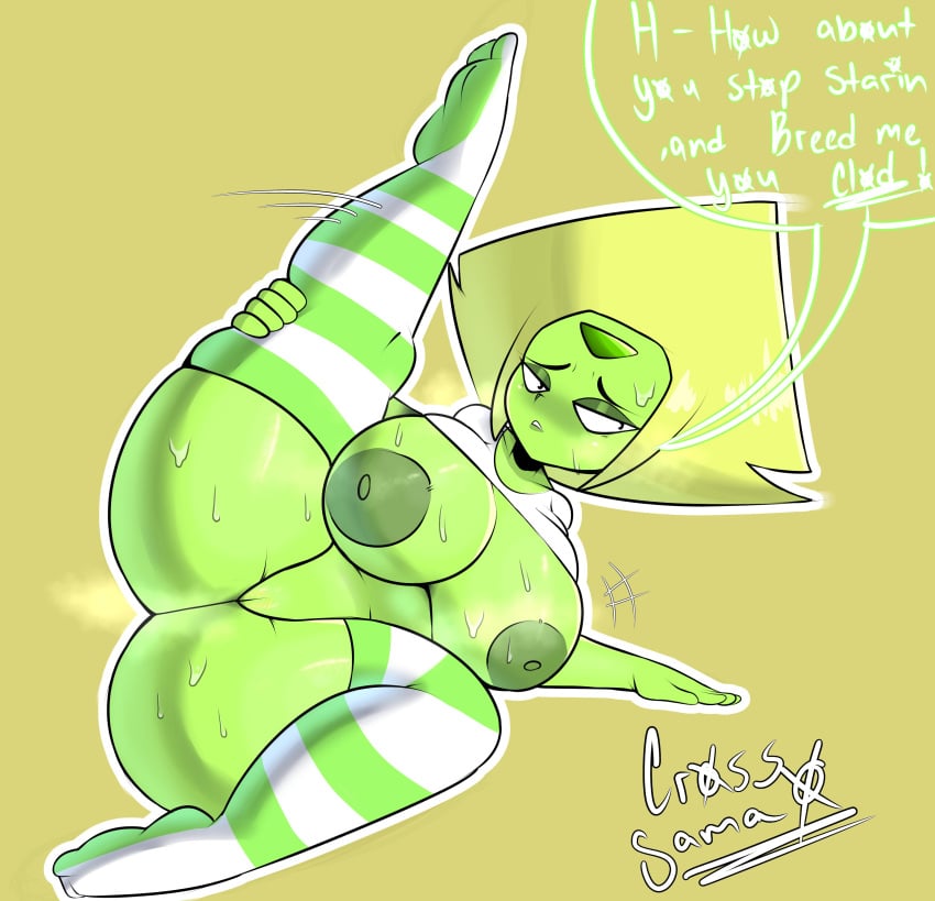 1girls alien alien_girl almost_naked artist_name artist_signature big_breasts cartoon_network cross_samax crystal_gem dialogue embarrassed english_text female gem_(species) green_legwear green_stockings impregnation_request laying_on_side legwear lifted_shirt lifting_leg non-human peridot peridot_(steven_universe) scantily_clad simple_background solo solo_female speech speech_bubble spread_legs spreading_legs steven_universe stockings striped_legwear striped_stockings stuttering sweat sweating sweaty sweaty_body sweaty_breasts text text_bubble white_shirt yellow_hair