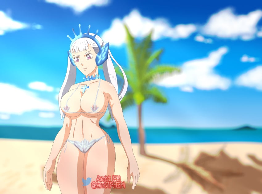 1girls anti_ph beach big_breasts bikini black_clover female female_only noelle_silva silver_hair solo transparent_clothing