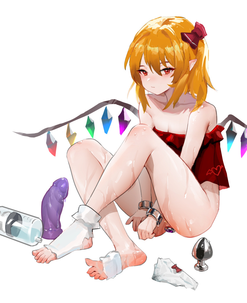 absurdres anal anal_object_insertion armpit_crease bangs blush bottomless bow breasts buttplug collarbone crexby crossed_legs crystal cuffs dildo feet female female_only flandre_scarlet frilled_legwear full_body hairbow handcuffs highres knee_up legs looking_at_viewer medium_hair object_insertion orange_hair panties panties_removed pointy_ears pout red_eyes red_shirt sex_toy shiny shiny_skin shirt sitting sleeveless sleeveless_shirt small_breasts smug socks soles solo solo_female sweat syringe thighs toeless_legwear toes torn_clothes torn_legwear touhou underwear white_background white_legwear white_panties wings