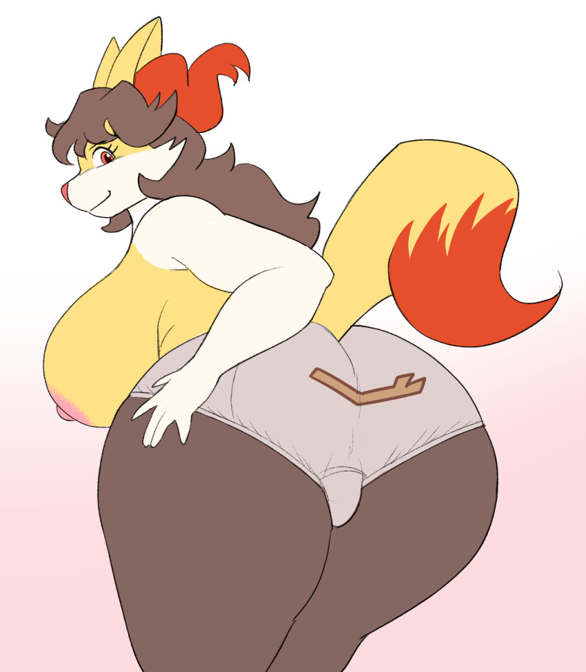 anthro ass big_breasts big_butt braixen breasts brown_hair clothing female fimif hair hi_res looking_at_viewer nintendo pokémon_(species) pokemon pokemon_(species) red_eyes solo underwear velene_(aj_the_flygon) video_games wide_hips