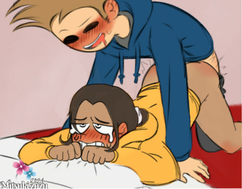 1boy blue_sweater crying doggy_style eddsworld edited female hoodie izzy_(coomerchems) light-skinned_female mitsukizuzu patricia_(eddsworld) pillow ponytail tom_(eddsworld) traced yellow_sweater