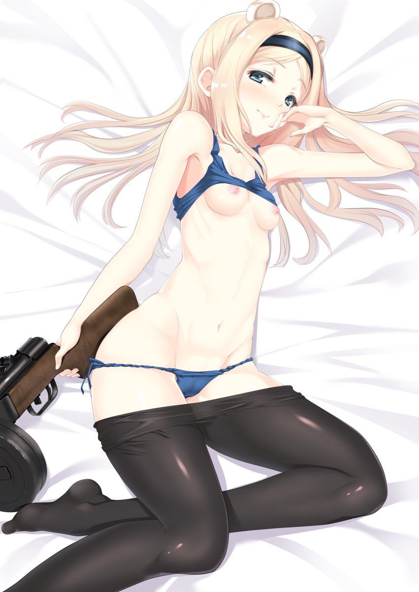 1girls a9b_(louis814) absurdres aleksandra_i_pokryshkin animal_ears bangs bear_girl black_legwear blonde_hair blue_bra blue_eyes blue_panties blush bra bra_lift brave_witches breasts closed_mouth clothes_pull colored commentary_request female female_only gun hairband hand_to_own_mouth highres light_skin long_hair lying nipples on_side only_female panties pantyhose pantyhose_pull parted_bangs photoshop_(medium) side-tie_panties sidelocks small_breasts smile solo solo_female sports_bra strike_witches submachine_gun underwear world_witches_series