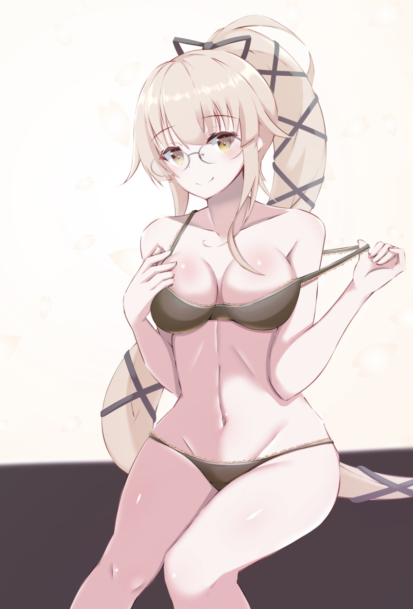 absurdres bespectacled bikini bikini_pull black_bikini black_ribbon breasts brother_and_sister cleavage clothes_pull commission cowboy_shot female female glasses hair_ribbon highres honma_(honmatomohiro) kantai_collection large_breasts long_hair pink_hair ponytail pulled_by_self ribbon round_eyewear siblings simple_background sitting solo strap_pull swimsuit very_long_hair white_background yura_(kantai_collection)