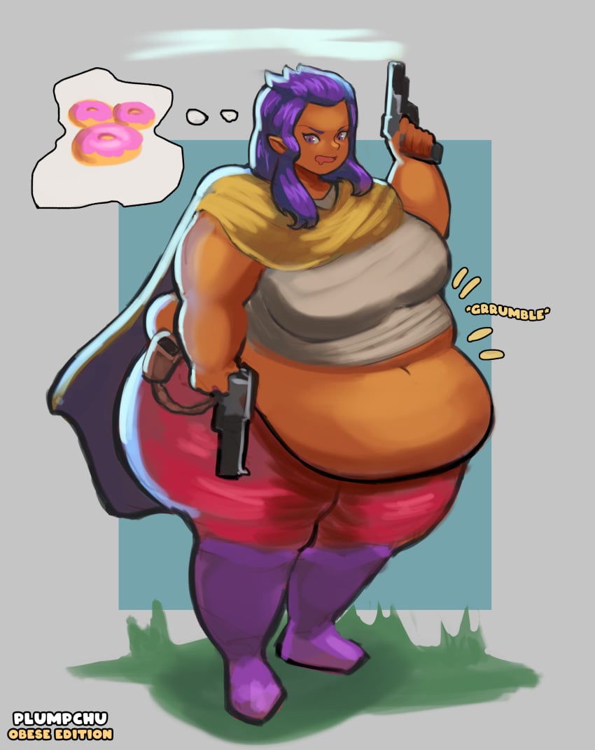 bbw belly_fat big_belly boots dark-skinned_female dark_skin enter_the_gungeon fat fat_belly female gun hair holding_gun holster hungry overweight overweight_female pants plumpchu purple_boots purple_hair sound_effects tagme the_hunter_(enter_the_gungeon) weight_gain yellow_cape