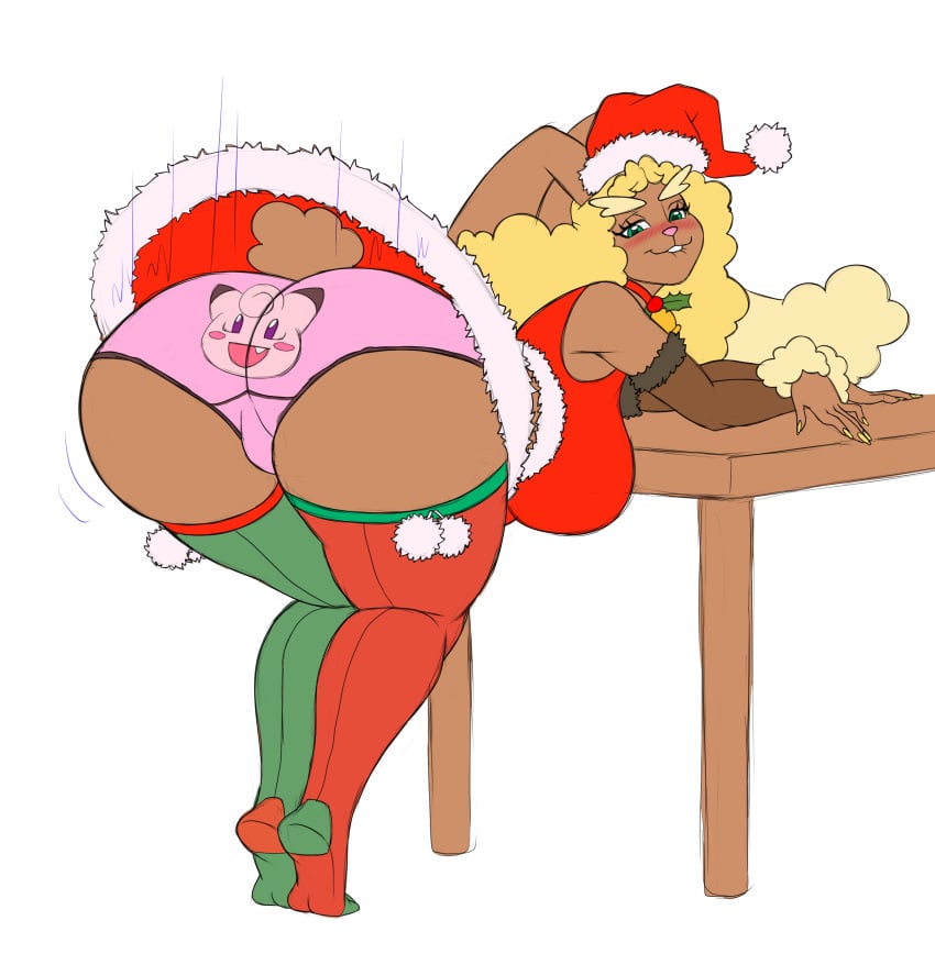 absurd_res anthro ass big_butt blonde_hair breasts christmas clefairy clothing deadpliss female green_eyes hair hi_res holidays ipan laramee_(aj_the_flygon) looking_at_viewer lopunny nintendo pokémon_(species) pokemon pokemon_(species) solo underwear video_games wide_hips