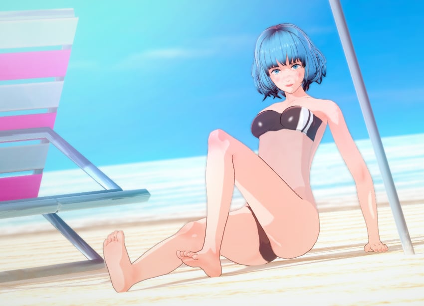 1girls 3d 3d_(artwork) beach blue_eyes blue_hair blush_makeup bob_cut ckyjelly curly_hair dutch_angle feet female female_only freckles gris_(character) gris_(game) gris_swimsuit koikatsu meme pose posing pussy_peek sand self_upload sitting skinny smiling smiling_at_viewer soles summer swimsuit toes