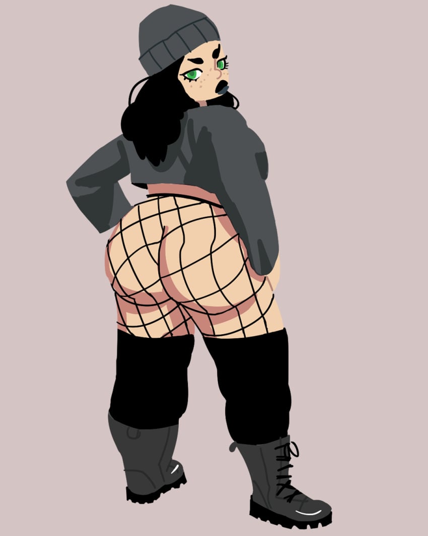 1girls back_view bbw beanie big_ass big_lips black_hair boots crop_top_sweater eyelashes eyeliner fishnets freckles goth goth_girl green_eyes i_am_not_starfire lipstick long_hair looking_back mandy_anders no_panties nose_piercing overweight overweight_female plump solo_female thick_thighs thighhighs