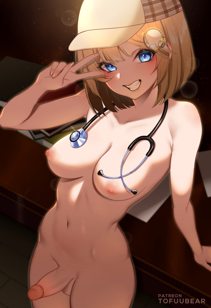 1futa balls big_breasts blonde_hair blue_eyes breasts detective detective_hat erection futa_only futanari high-angle_view hololive hololive_english human light-skinned_futanari light_skin looking_at_viewer nude paid_reward pale_skin peace_sign penis short_hair smile solo standing stethoscope tofuubear v_sign virtual_youtuber watson_amelia