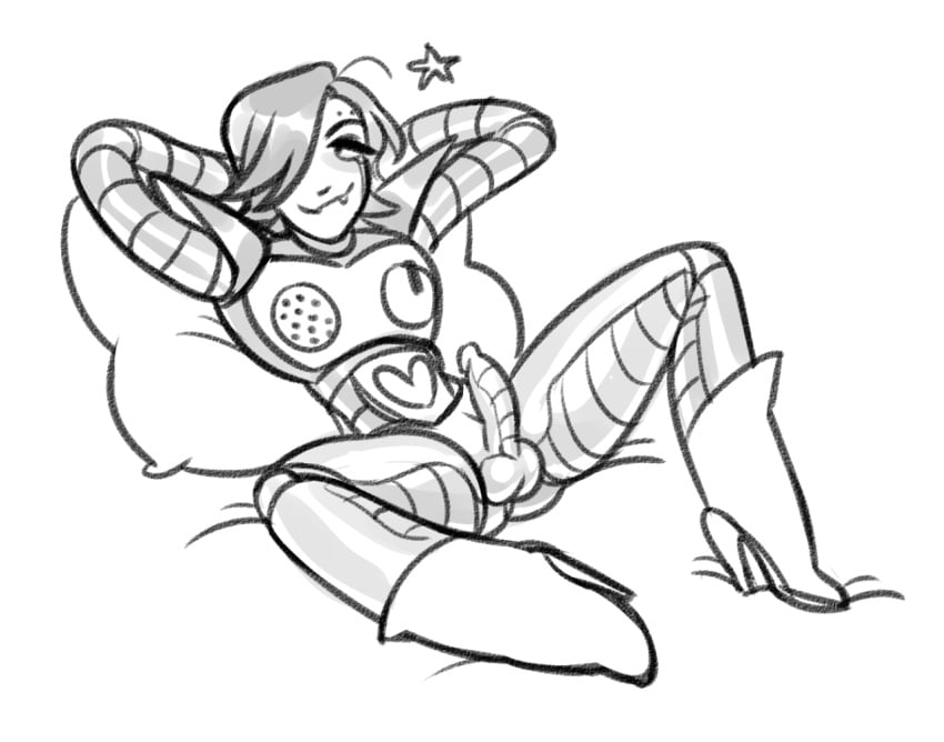 1boy androgynous android arms_behind_head balls boots dark_hair erect_penis erection fangs femboy grin hands_behind_head heart high_heel_boots high_heels highres hotlegmeme humanoid humanoid_robot laying_on_bed looking_away male male_only mettaton mettaton_ex penis penis_out pillow robot robot_femboy robot_humanoid robotic_penis short_hair shoulder_pads showing_off sitting_on_bed solo solo_male star teeth trap undertale