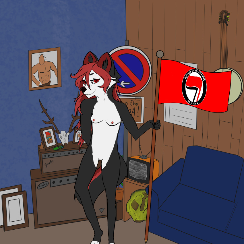 anthro antifa antifa_furry black_fur female_only furry furry_female red_fur red_hair