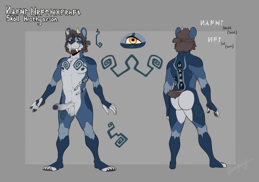 anthro ass badger balls baraking blue_body blue_fur brown_hair erection foreskin fur genitals hair humanoid_genitalia humanoid_penis male mammal model_sheet mustelid musteline nipples nude penis skoll_hrothgarson