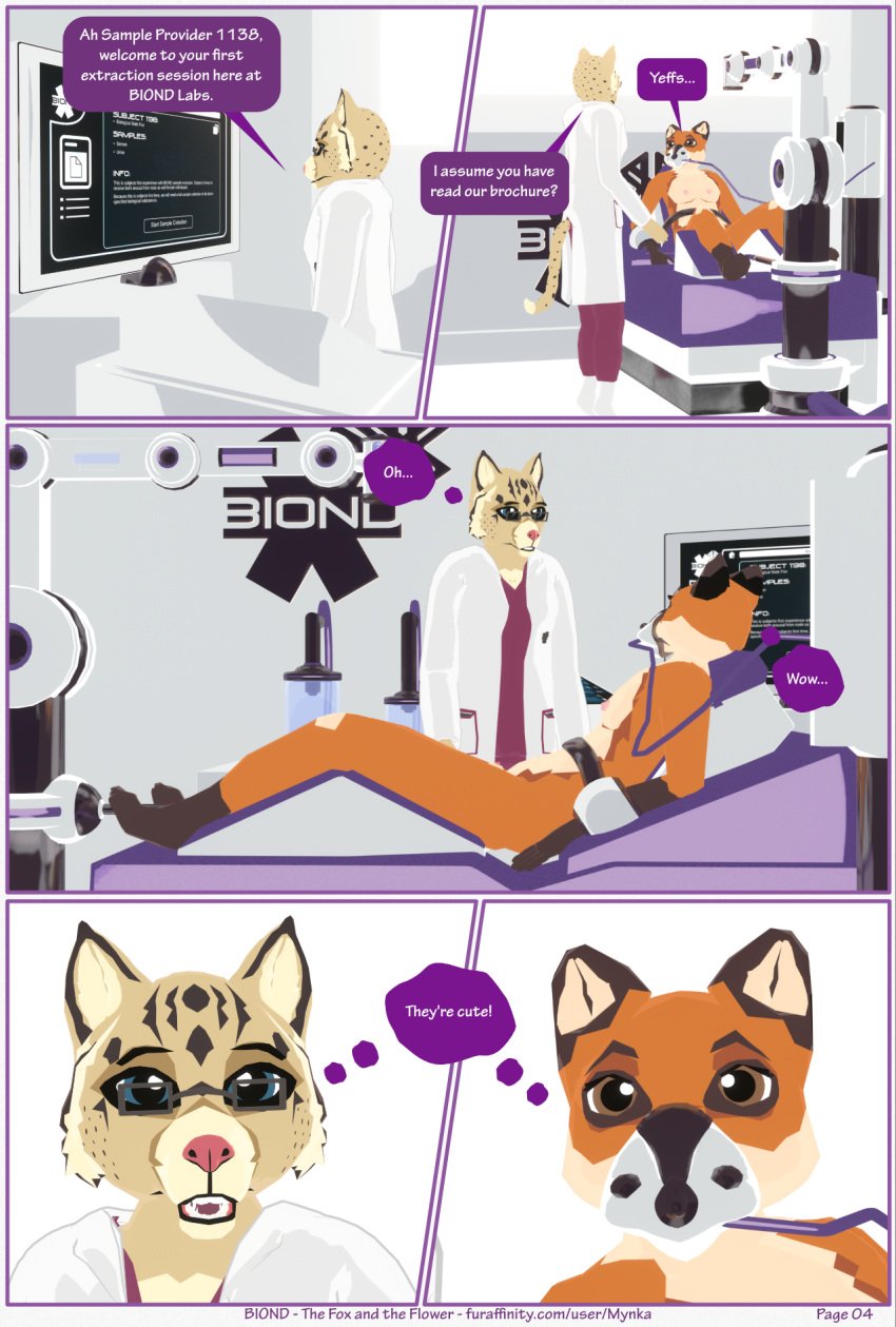 3d_(artwork) animal_genitalia anthro bed bondage bound canid canine canine_genitalia clothed clothing coat comic computer dialogue digital_media_(artwork) duo english_text eyewear felid feline female flat_shaded fox fully_sheathed furniture genitals glasses hi_res lab_coat laboratory looking_at_another lying machine male male/female mammal medical_fetish milking_machine mynka nipples nude on_back on_bed open_mouth page_4 penis penis_tip screen sheath speech_bubble text thought_bubble topwear url