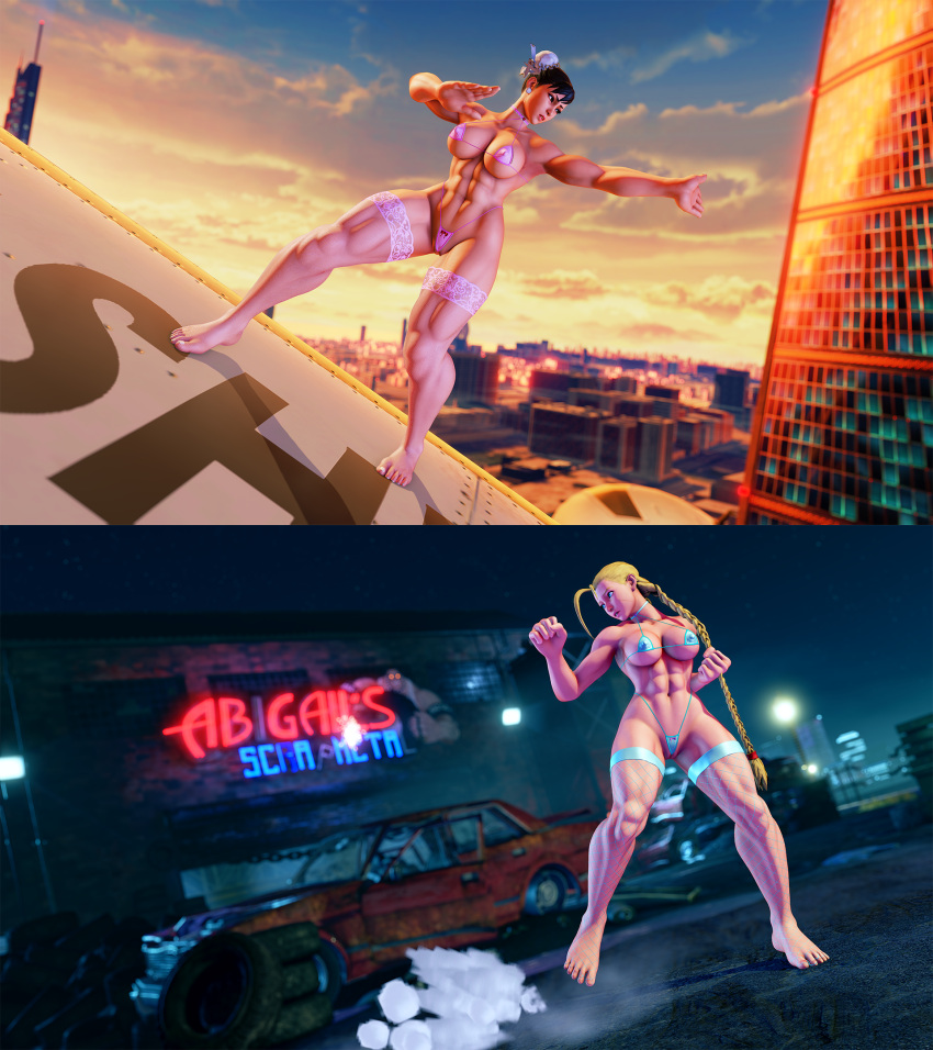 2girls 3d abs big_breasts bikini blonde_hair bridges cammy_white capcom chun-li feet female female_only fishnets gatoradepanda large_breasts nakikawa nipple_bulge posing stockings street_fighter street_fighter_v string_bikini thick_thighs tights wide_hips