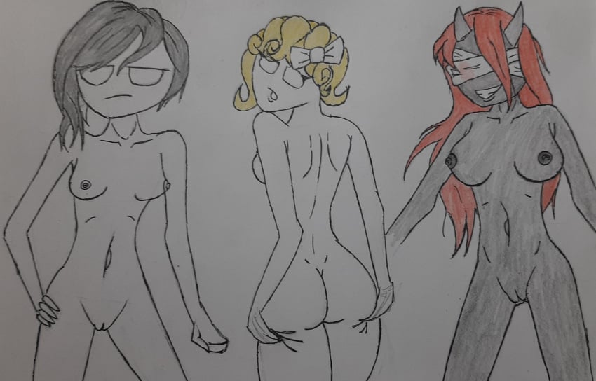 3girls ass ass_grab black_hair black_skin blonde_hair breasts drawing drawn eve_(the_binding_of_isaac) female female_only handdrawn hotline lilith_(the_binding_of_isaac) magdalene_(the_binding_of_isaac) multiple_girls red_hair simple_background small_breasts the_binding_of_isaac thick_thighs thin thin_waist white_background white_skin линь