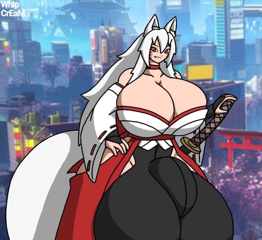 1futa animal_ears animal_tail big_breasts big_penis breasts building cleavage collar dickgirl fox_girl futanari gigantic_breasts huge_breasts huge_cock large_breasts long_hair looking_at_viewer manami penis priestess red_eyes samurai smile solo tagme tattoo very_long_hair whipcream50 white_hair