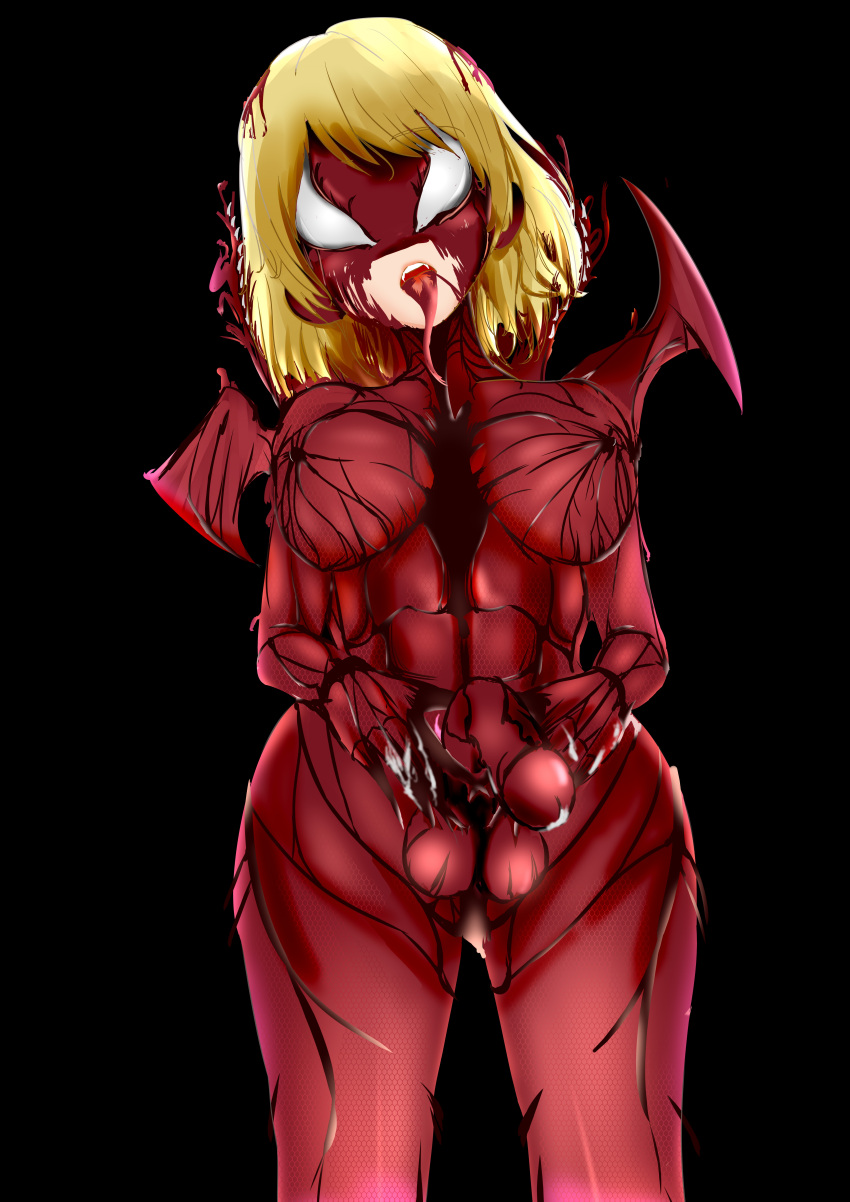 1futa ass balls big_breasts big_penis bodysuit breasts carnage_(marvel) claws clothed clothing erection female futa_only futanari futanari_transformation kirisamecalhoun light-skinned_futanari light_skin living_clothes long_tongue maribel_hearn marvel navel pale_skin pussy solo standing symbiote takeover thick_thighs touhou transformation