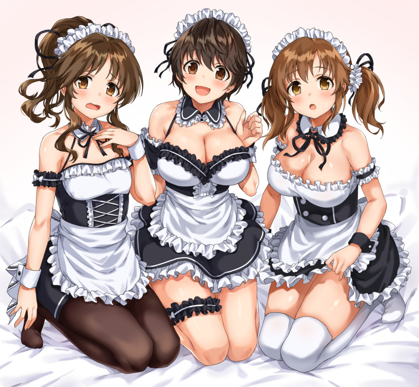 3girls apron bangs bare_shoulders black_dress blush breasts brown_eyes brown_hair brown_legwear cleavage detached_collar dress frills gradient gradient_background hair_between_eyes highres huge_breasts idolmaster idolmaster_cinderella_girls kneeling large_breasts leg_garter looking_at_viewer maid maid_headdress multiple_girls oikawa_shizuku open_mouth pantyhose parted_bangs ponytail short_hair sidelocks sirurabbit small_breasts smile takamori_aiko thighhighs thighs totoki_airi twintails waist_apron wavy_mouth white_background wrist_cuffs