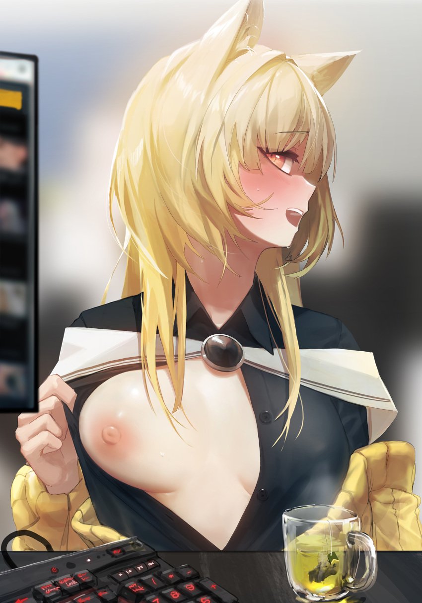 1girls animal_ears areolae arknights black_shirt blonde_hair blush breast_outside breasts clothed cup_of_tea embarrassed female female_only green_tea highres keyboard long_hair looking_at_viewer medium_breasts mo_ne nightmare_(arknights) nipples no_bra nose open_clothes open_mouth open_shirt open_smile orange_eyes presenting presenting_breasts shirt smile solo sweat sweatdrop sweating tea uniform