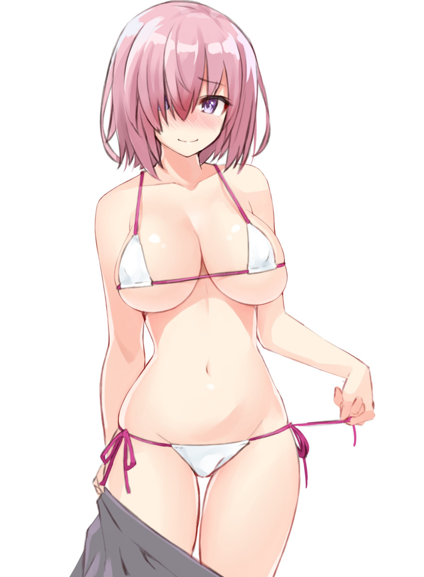 absurdres adapted_costume arms_at_sides bangs bare_shoulders bikini blush breasts closed_mouth clothes_pull collarbone commentary covered_erect_nipples eyebrows_visible_through_hair fate/grand_order fate_(series) female female_focus grey_skirt groin hair_between_eyes hair_over_one_eye highres hip_focus large_breasts light_purple_hair looking_at_viewer mash_kyrielight mash_kyrielight_(swimsuit_of_perpetual_summer) md5_mismatch micro_bikini miniskirt navel nose_blush pulled_by_self purple_eyes resolution_mismatch shiny shiny_skin short_hair shunichi side-tie_bikini simple_background skindentation skirt skirt_down smile solo standing stomach strap_gap string_bikini string_pull swimsuit thighs underboob white_background white_bikini