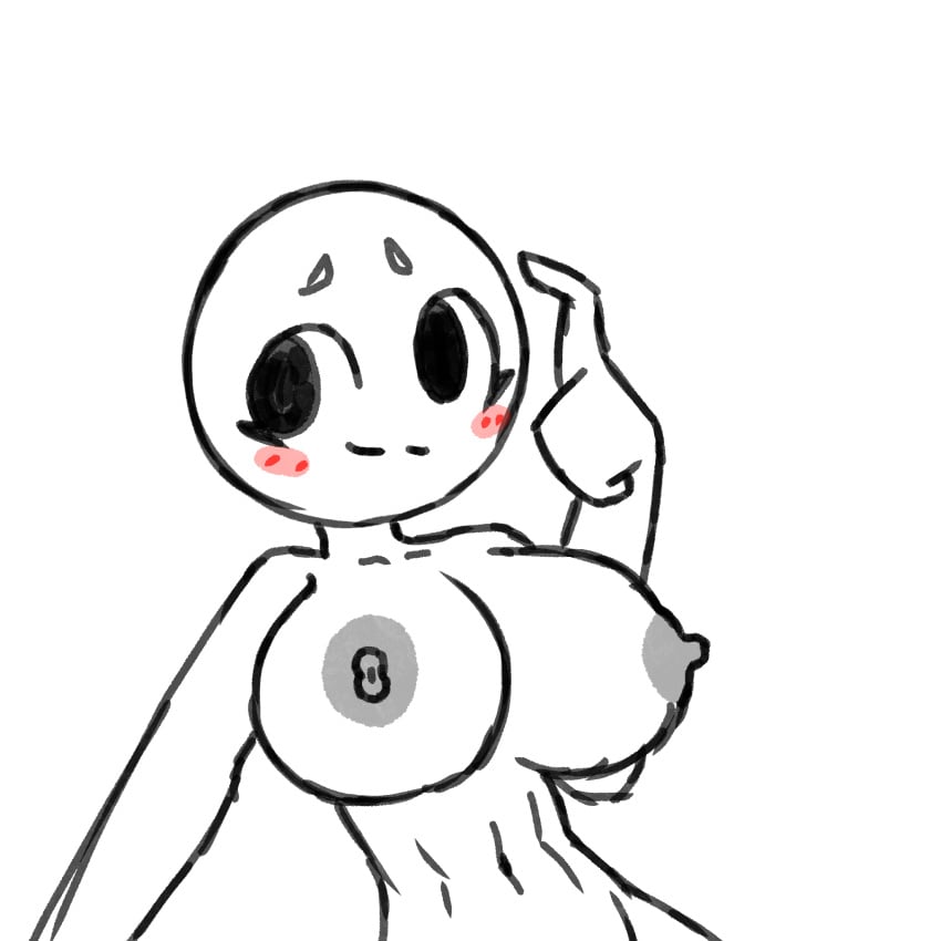 1girls anon_female anonymous_female anthro bald bald_female big_breasts big_eyes blush blushing eyebrows eyelashes female female_only huge_breasts naked nipples smile solo white_background white_body white_skin