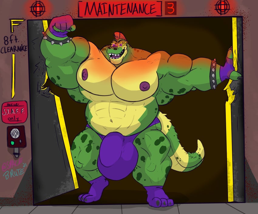 2021 abs absurd_res alligator alligatorid anthro barazoku biceps big_bulge big_muscles bracelet bulge claws clothing crocodilian detailed_bulge door english_text eyebrows eyewear fingerless_gloves five_nights_at_freddy's five_nights_at_freddy's:_security_breach flaccid flexing gay gloves handwear hi_res huge_bulge huge_muscles hyper hyper_bulge hyper_muscles inside jewelry male male_only mohawk montgomery_gator_(fnaf) muscular muscular_anthro muscular_male navel nipples non-mammal_nipples obliques open_mouth open_smile pecs reptile scalie scottgames smile solo spacebrute spiked_bracelet spikes standing sunglasses teeth text thong underwear vein video_games