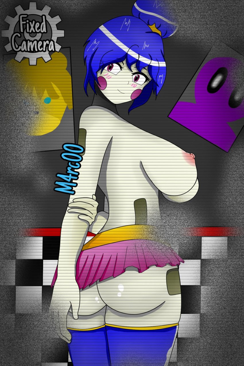 2d 2d_(artwork) ass ballora ballora_(fnafsl) blue_hair blush five_nights_at_freddy's five_nights_at_freddy's:_sister_location five_nights_at_freddy's_2 five_nights_in_anime fnaf hair_bun holding_arm huge_breasts m4rc00 nipples no_bra no_panties purple_cheeks purple_eyes purple_skirt purple_stockings scottgames sister_location skirt standing static stockings tiara topless white_skin william_afton