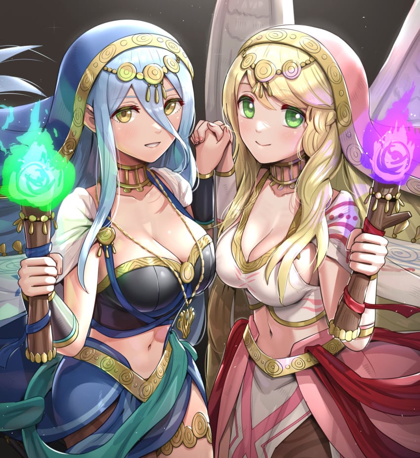 2girls alternate_costume angel_wings azura_(fire_emblem) azura_(hatari)_(fire_emblem) bandeau bangs black_bandeau blonde_hair blue_cape blue_hair blush breasts cape circlet cleavage collar collarbone commentary_request cowboy_shot crop_top eyebrows_visible_through_hair feathered_wings female female_only fire_emblem fire_emblem:_radiant_dawn fire_emblem_fates fire_emblem_heroes gonzarez green_eyes hair_between_eyes hands_up highres holding holding_hands holding_torch large_breasts leanne_(fire_emblem) leanne_(hatari)_(fire_emblem) long_hair looking_at_viewer midriff multiple_girls navel nintendo official_alternate_costume parted_lips partial_commentary see-through sidelocks single_leg_pantyhose smile standing thighlet torch vambraces veil very_long_hair waist_cape white_cape white_wings wings yellow_eyes