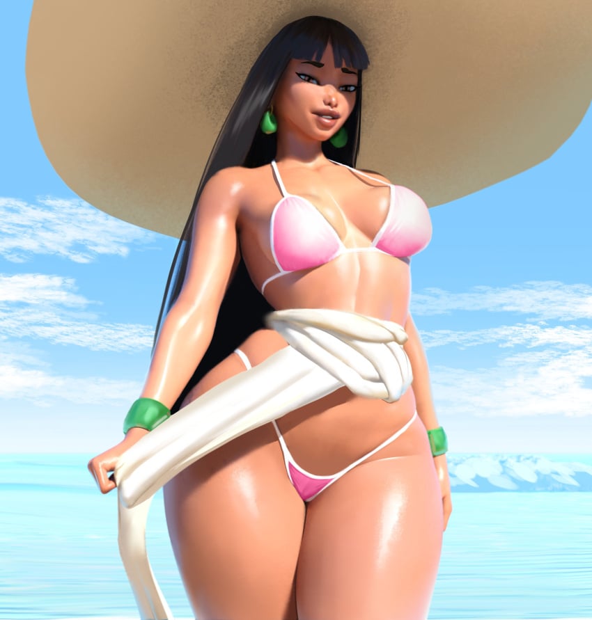 1girls bangs bare_legs bare_shoulders bikini black_hair bottom_heavy bracelet breasts chel child_bearing_hips cleavage ear_piercing earrings hat long_hair looking_at_viewer outdoors outside pink_bikini popogori sea seaside shiny_skin sky smile solo solo_female sombrero tan tan_body tan_skin the_road_to_el_dorado thick_thighs thunder_thighs wide_hips