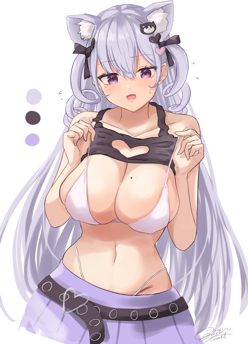 animal_ears big_breasts breasts busty cleavage female female_only hourei_tenten indie_virtual_youtuber mole mole_on_breast mole_under_eye ogura_toast shirt_lift skimpy_clothes skirt solo solo_female virtual_youtuber