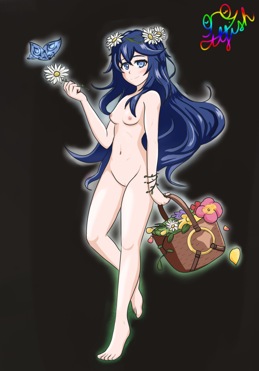 1girls alternate_costume bare_legs basket black_background blue_eyes blue_hair breasts butterfly completely_nude ctl_fish female female_only fire_emblem fire_emblem_awakening fire_emblem_heroes flower hair_flower head_wreath long_hair looking_at_viewer lucina_(fire_emblem) lucina_(valentine)_(fire_emblem) nintendo nipples nude nude_female official_alternate_costume pussy small_breasts smile solo symbol-shaped_pupils