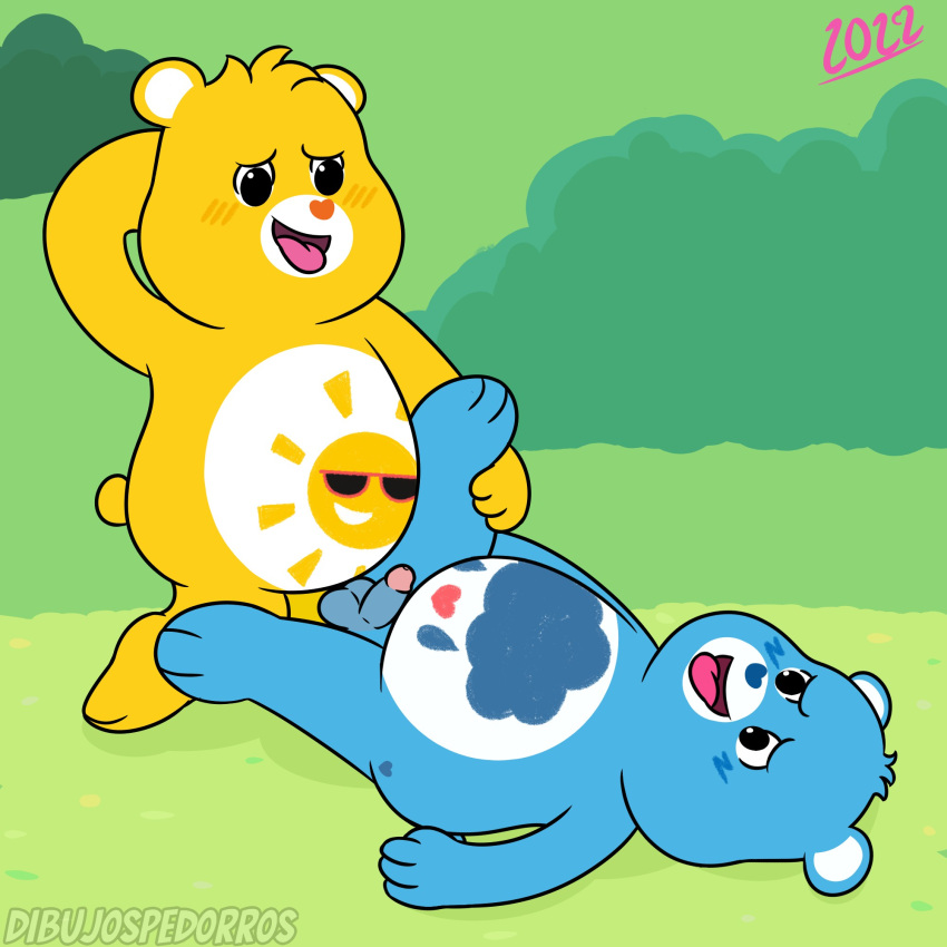 2022 anthro balls blue_body blue_nose blush care_bears dibujospedorros duo funshine_bear genitals grumpy_bear hi_res humanoid_genitalia humanoid_penis male male/male mammal penis slightly_chubby tongue tongue_out ursid yellow_body