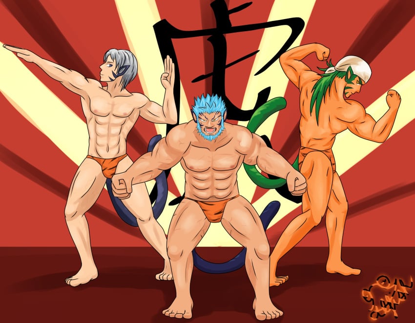 3boys bara barazoku ctl_fish fire_emblem fire_emblem:_path_of_radiance fire_emblem:_radiant_dawn kyza_(fire_emblem) laguz_(race) male male_only mordecai_(fire_emblem) muarim_(fire_emblem) multiple_boys muscular muscular_male nintendo pose year_of_the_tiger