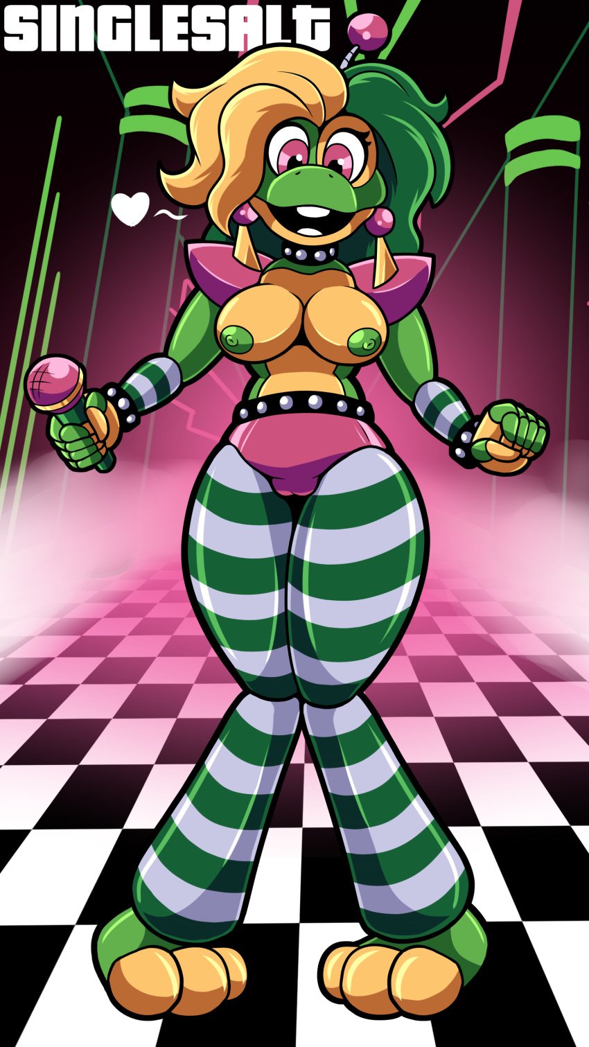 amphibian animatronic breasts earrings five_nights_at_freddy's five_nights_at_freddy's:_security_breach freddy_fazbear's_pizzeria_simulator frog_girl glamrock_happy_frog green_hair green_nipples green_skin happy_frog nipples pink_eyes robot robot_girl singlesalt tights topless yellow_hair