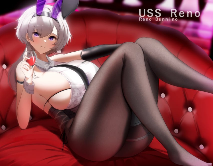 1girls 2021 absurdres alcohol animal_ears azur_lane bare_shoulders bigger_version_at_the_source black_gloves black_hairband black_legwear blush breasts character_name closed_mouth collared_shirt couch cup drinking_glass elbow_gloves fake_animal_ears feet_out_of_frame female female female_focus female_only gloves hairband highres holding holding_cup huge_breasts knees_up legs long_hair looking_at_viewer lying nicorima no_shoes official_alternate_costume on_back on_couch pantyhose purple_eyes rabbit_ears reno_(azur_lane) reno_(reno_bunnino)_(azur_lane) shirt sideboob silver_hair single_glove skindentation sleeveless sleeveless_shirt smile solo solo_female thighs white_shirt wine wine_glass wrist_cuffs