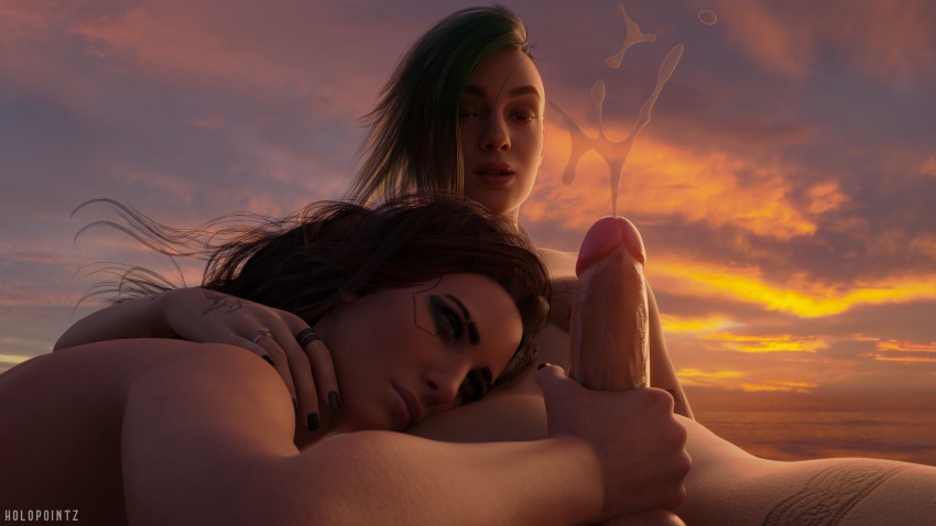 1futa 1girls 3d 4k balls breasts brown_hair cyberpunk_2077 dickgirl female female_on_futa futanari green_hair hand_on_penis handjob head_on_chest holopointz judy_alvarez light-skinned_female light-skinned_futanari naked_female penis self_upload sunset tattoos v_(cyberpunk_2077) valerie_(cyberpunk_2077)