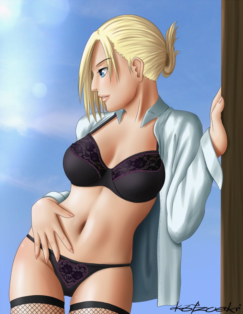 1girls annie_leonhardt ass attack_on_titan blonde_hair blue_eyes bra breasts cleavage female female_only fishnets fully_clothed hand_on_stomach katzueki lingerie navel open_clothes open_shirt panties shingeki_no_kyojin short_hair solo stockings tied_hair underwear white_shirt