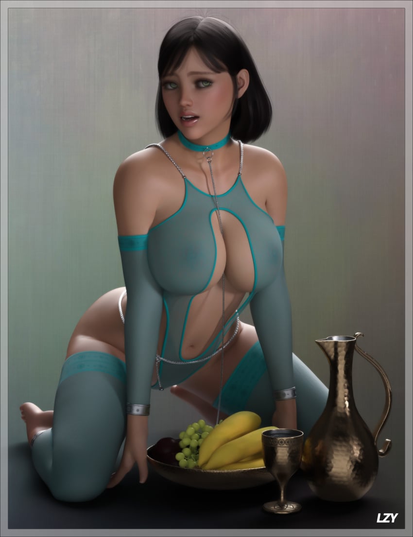 1girls 3d barefoot black_hair chalice femsub fruit green_eyes harem_girl harem_outfit huge_breasts kneeling lazygunns leash looking_at_viewer medium_hair nipples_visible_through_clothing pitcher revealing_clothes slave slave_collar slave_outfit slavegirl submissive_female voluptuous