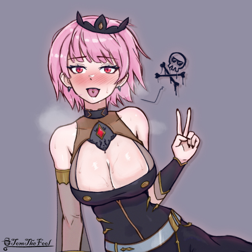 2d artist_name big_breasts black_nails blush breasts cleavage dress female fingernails hololive hololive_english hololive_myth light-skinned_female light_skin mori_calliope nail_polish pale-skinned_female pale_skin peace_sign pink_eyes pink_hair short_hair tomthefool tongue tongue_out tongue_piercing virtual_youtuber watermark